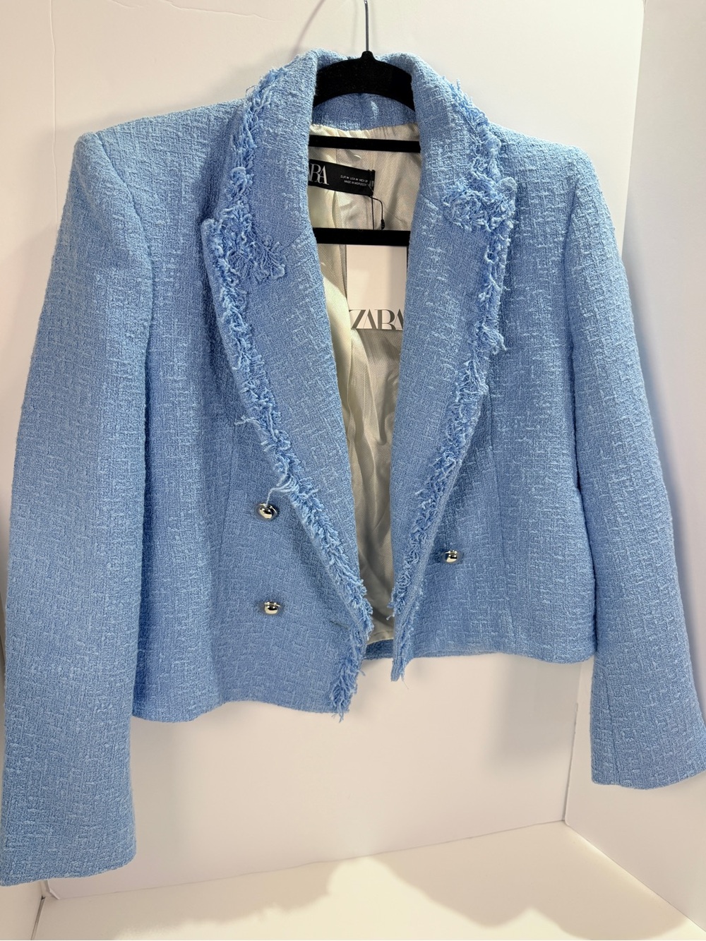 NWT Zara Blue Tweed Fringe Double Breasted Cropped Blazer M